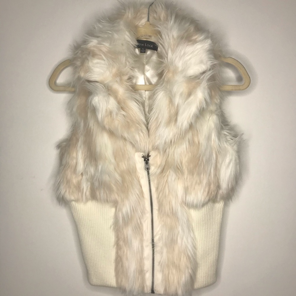 New Look Cream Faux Fur Vest with Knit Waist Sz L